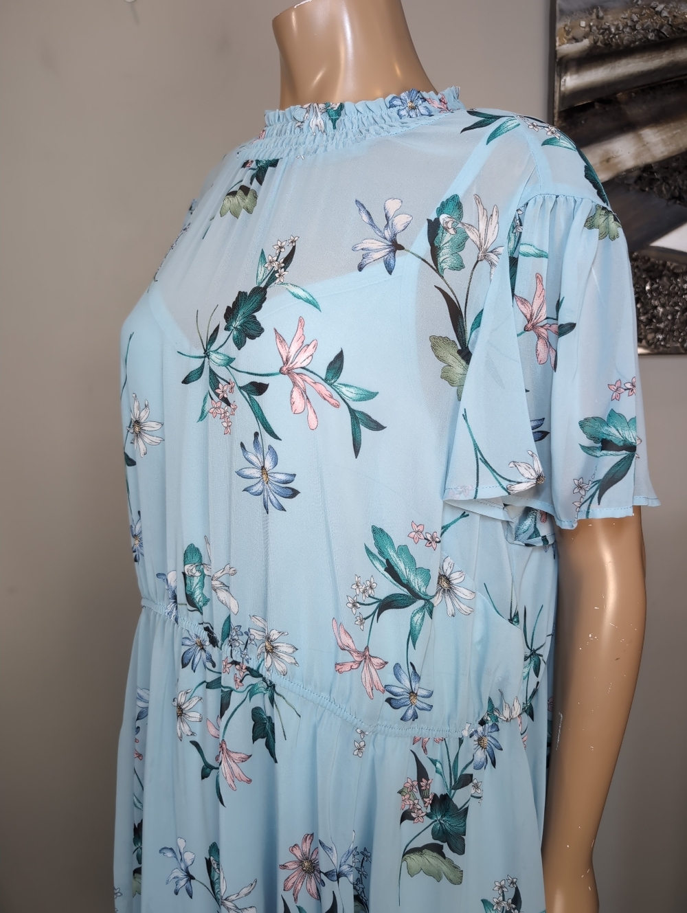 Torrid Blue Floral Chiffon Spring Dress Smocked Neck Flutter Sleeve Size 3 / 3X - Picture 5 of 16